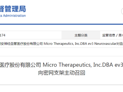 麦克罗医伟司安神经血管医疗股份有限公司 Micro Therapeutics, Inc.DBA ev3 Neurovascular对血流导向密网支架主动召回