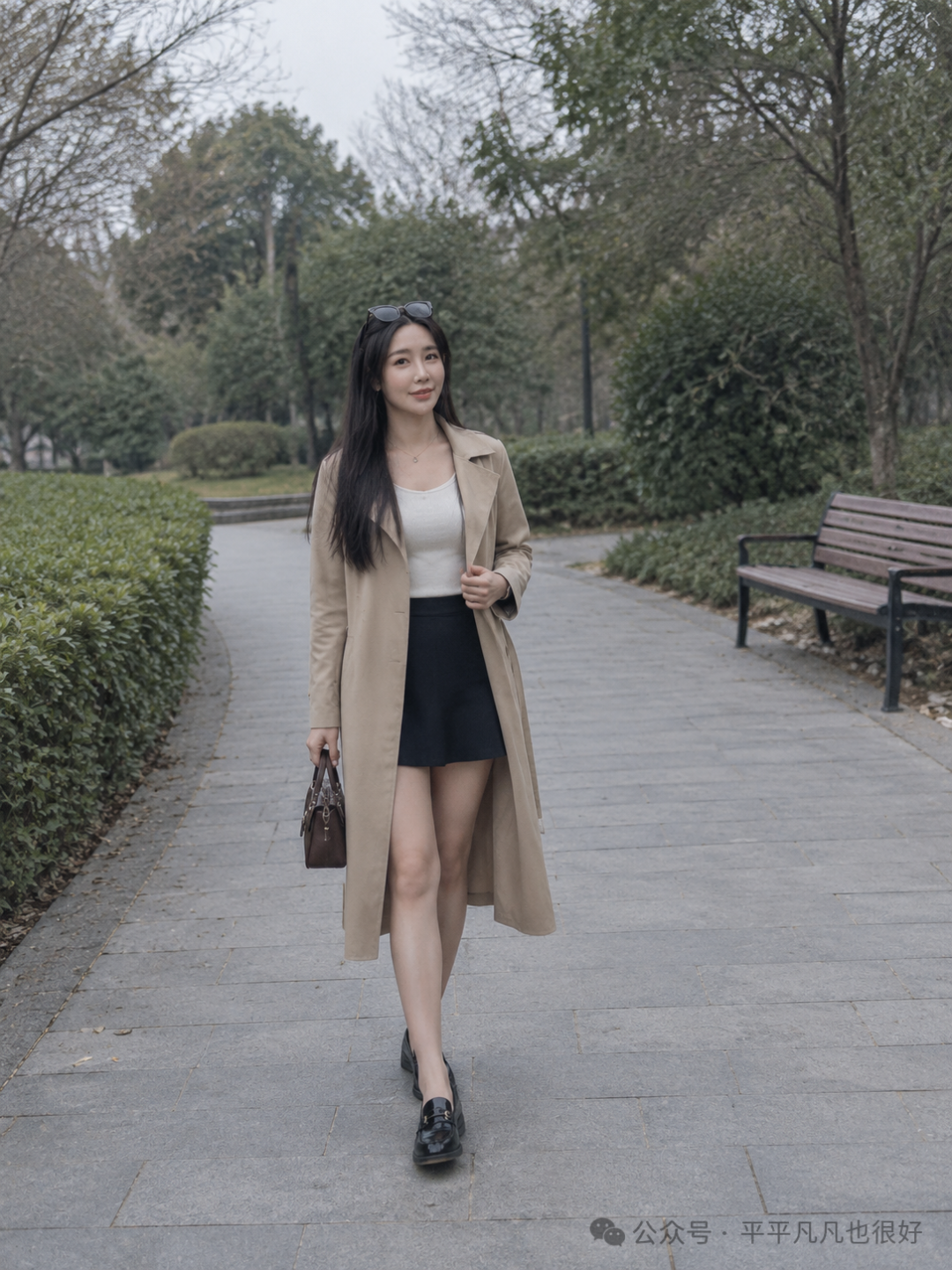 在同一条公园小径停步的全身远景